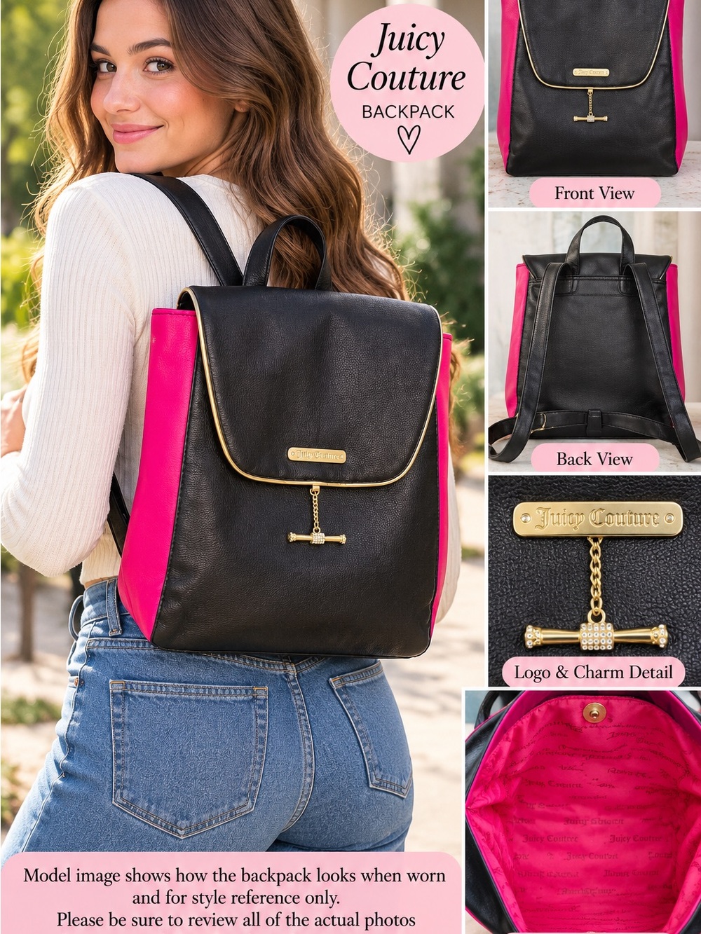 Juicy Couture 🩷 Black Hot Pink Gold Trim Faux Leather Backpack — Like New